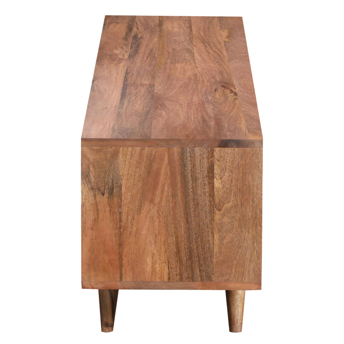 DunaWest Ero 57 Inch Mango Wood Media Console TV Cabinet, 2 Honeycomb Inlaid Doors, Natural Brown