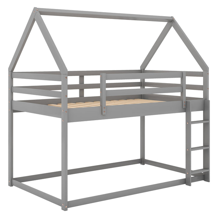 Twin over Twin Low Bunk Bed, House Bed with Ladder