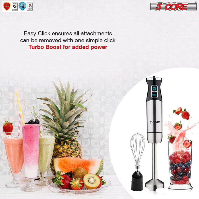 Hand Blender 500W 3-in-1 Multifunctional Electric Immersion Blender 8 Variable speed Stick Batidora Emersion Mixer, 600ml Mixing Beaker, Whisk Attachment, BPA Free 5 Core