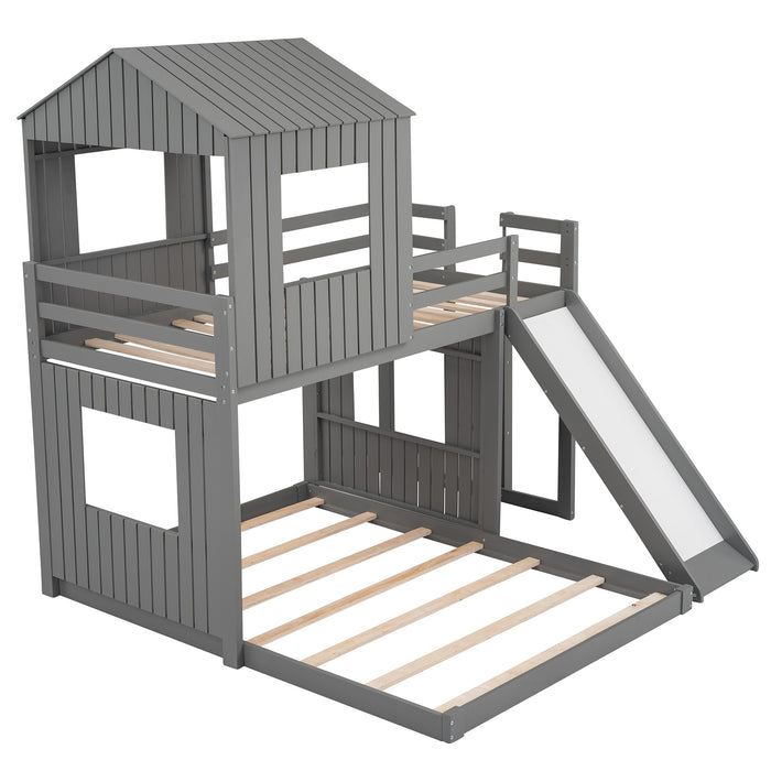 New Space Wooden Twin Over Full Bunk Bed, Loft Bed with Playhouse