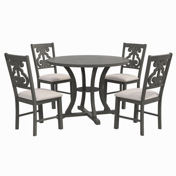 5-Piece Round Dining Table and 4 Fabric Chairs with Special-shaped Table Legs and Storage Shelf