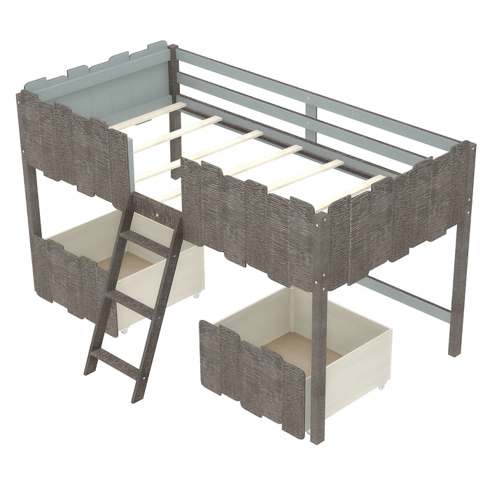 Twin Size Rustic Loft Bed with Two Drawers