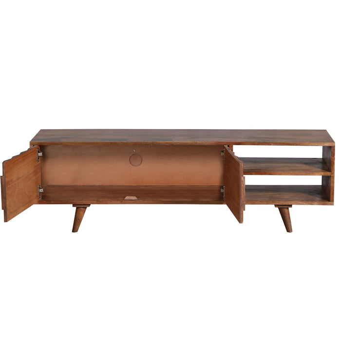 DunaWest Ero 57 Inch Mango Wood Media Console TV Cabinet, 2 Honeycomb Inlaid Doors, Natural Brown