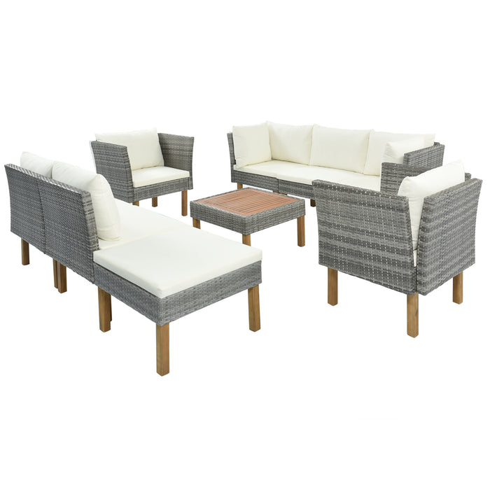 9-Piece Outdoor Patio Garden Wicker Sofa Set, Gray PE Rattan Sofa Set, with Wood Legs, Acacia Wood Tabletop, Armrest Chairs with Beige Cushions