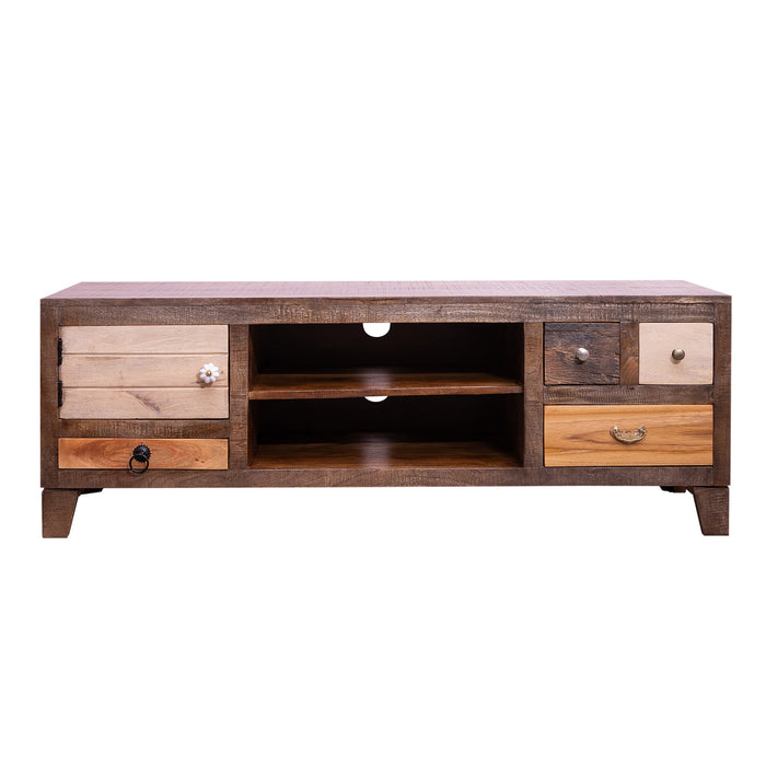 DunaWest 57 Inch 4 Drawer Media Console Cabinet with 1 Door and 2 Open Compartments, Brown