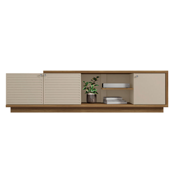DunaWest 76.77 Inch Wooden TV Stand with 3 Doors and Grain Details, Brown and Off White