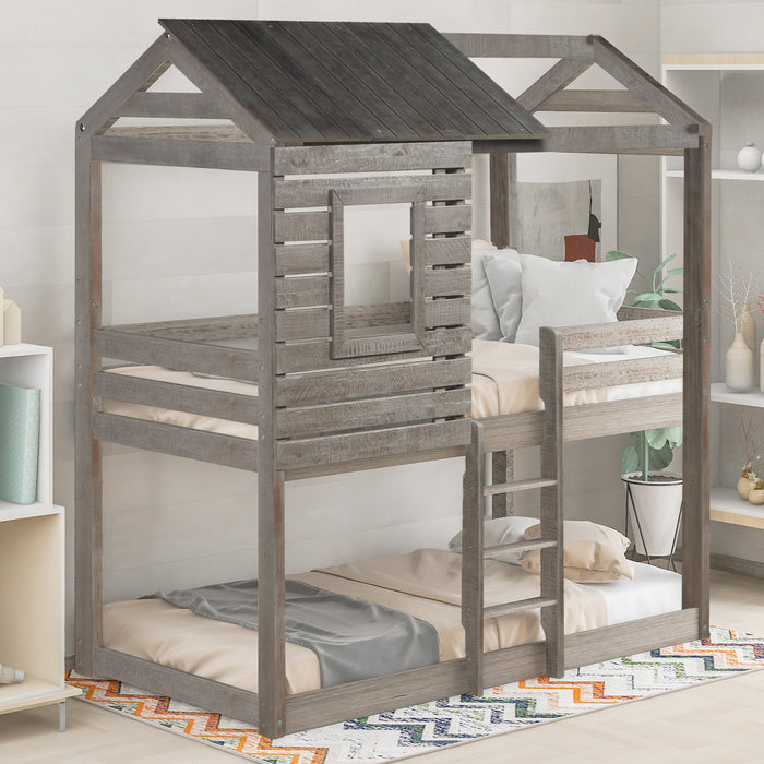 Twin Over Twin Bunk Bed Wood Loft Bed with Roof, Window, Guardrail, Ladder