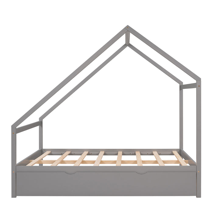 New Space Full Size Wooden House Bed With Twin Size Trundle