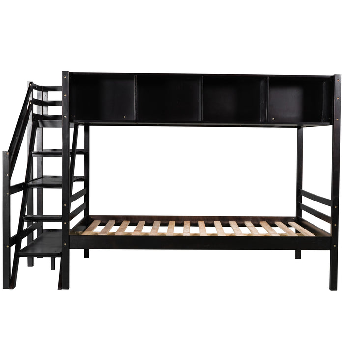 New Space Twin over Full Bunk Bed with Staircase and Built-in Storage Cabinets