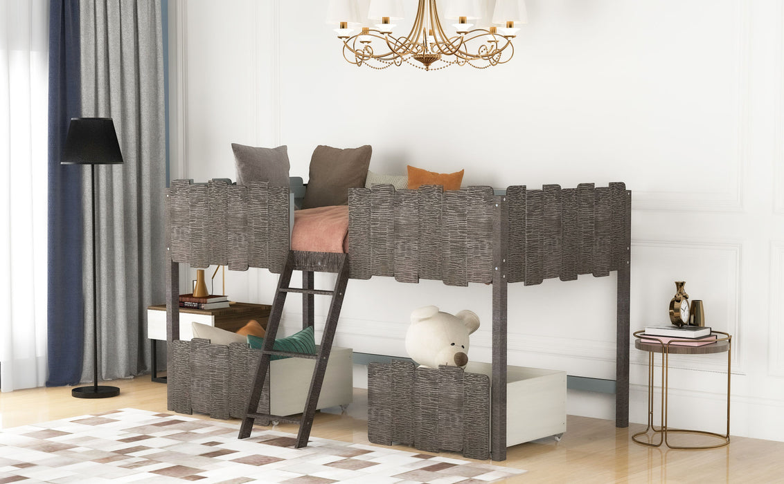 Dormir Twin Size Rustic Loft Bed with Two Drawers