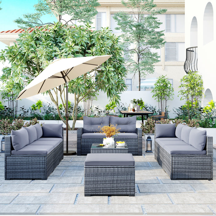 9-piece Outdoor Patio Large Wicker Sofa Set, Rattan Sofa set for Garden, Backyard,Porch and Poolside, Black wicker, Beige Cushion