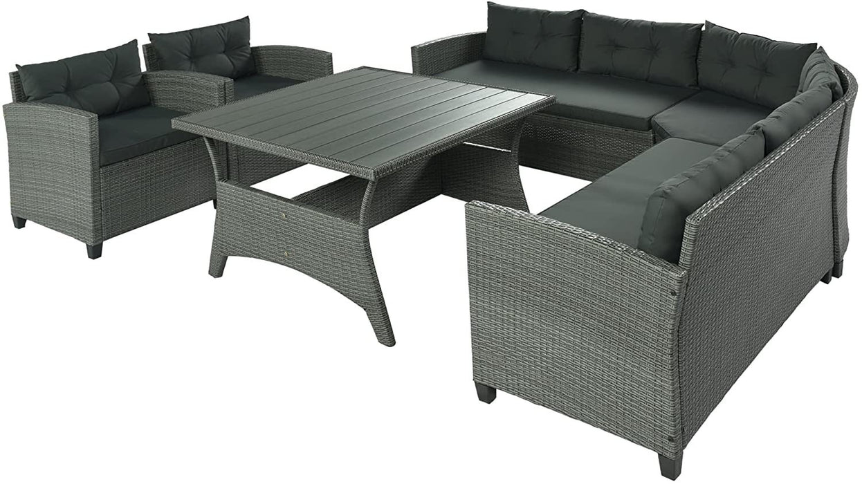 6-Piece Outdoor Wicker Sofa Set, Patio Rattan Dinning Set, Sectional Sofa with Thick Cushions and Pillows, Plywood Table Top, For Garden, Yard, Deck