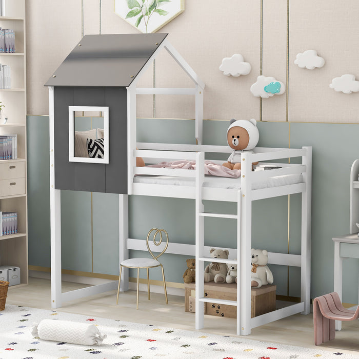 Twin Size Loft Bed with Roof, House Bed, Gray and White