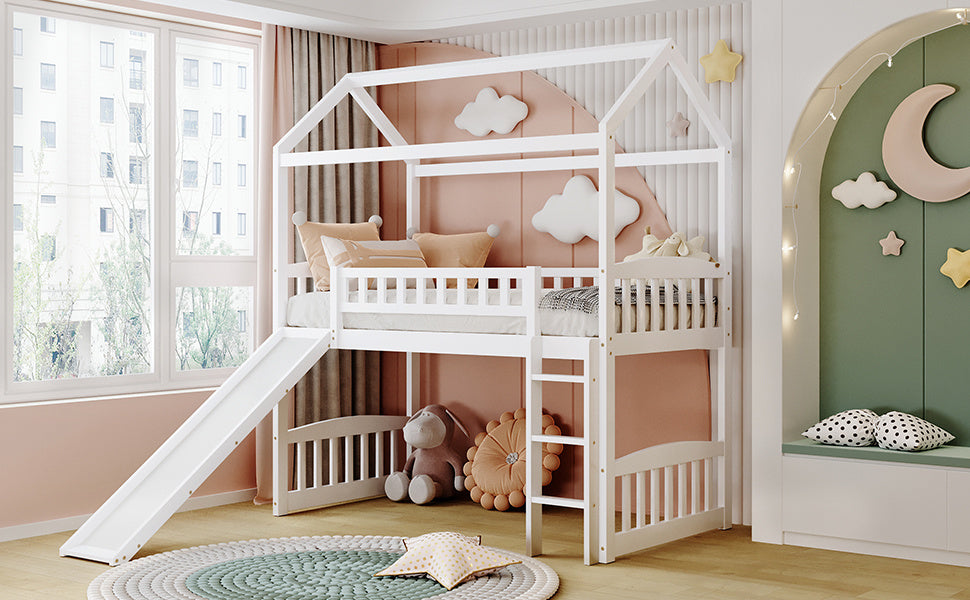 Twin Loft Bed with Slide, House Bed with Slide