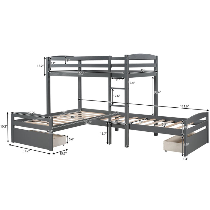 Twin Over Twin L-shaped Bunk Bed with Two Drawers, Pine Wood Bed Frame