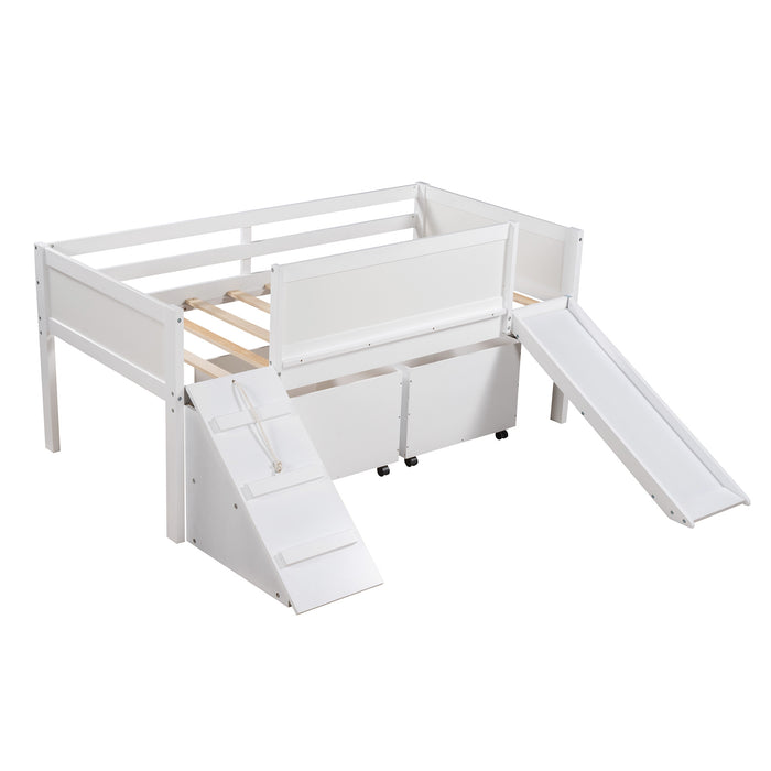 New Space Twin size Low Loft Bed Wooden Bed with Two Storage Boxes