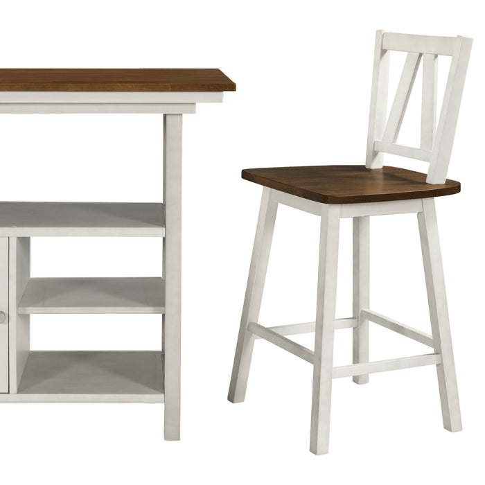 Farmhouse 3-Piece Counter Height Dining Table Set, Wooden Kitchen Table Set with Storage Cabinet and Shelves for Small Places