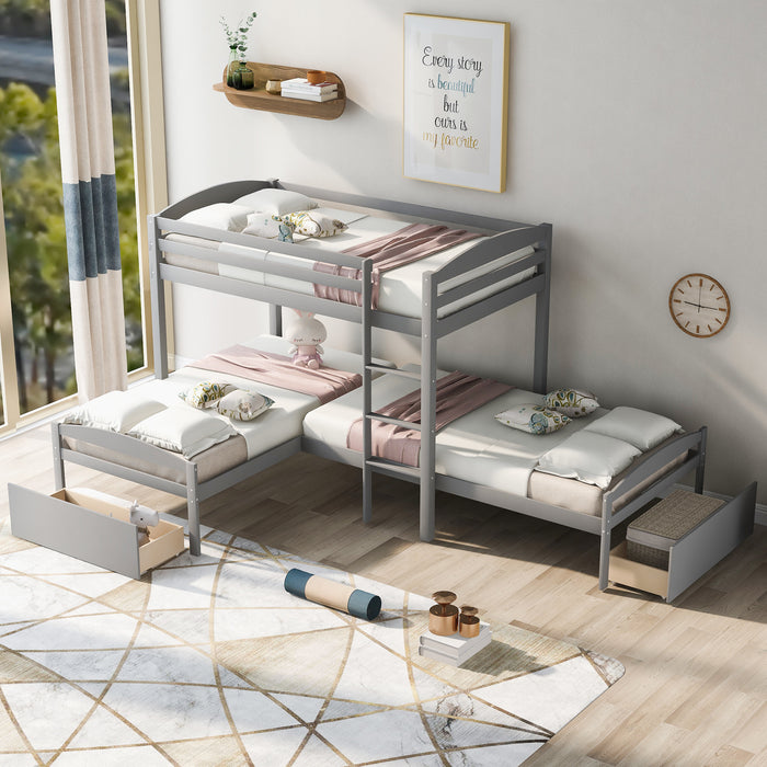 Twin Over Twin L-shaped Bunk Bed with Two Drawers, Pine Wood Bed Frame