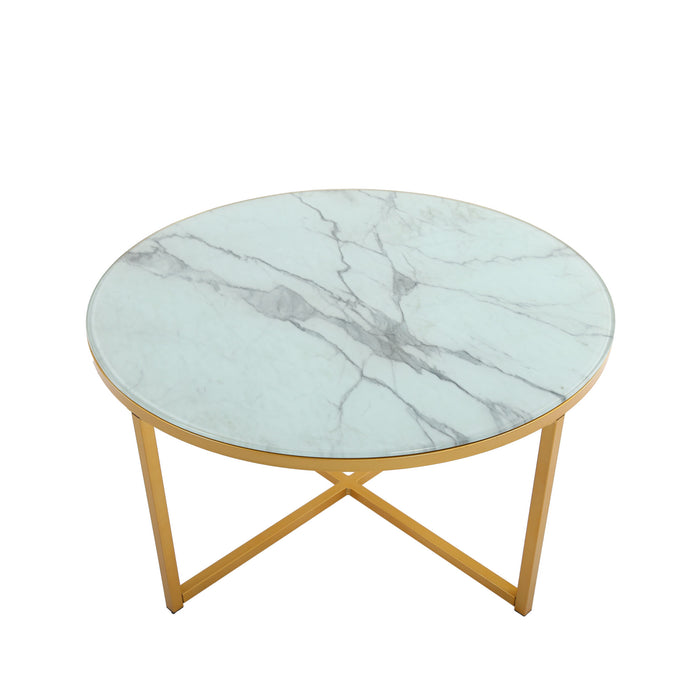 Cross Legs Glass Coffee Table with Metal Base, Marble White Top and Golden