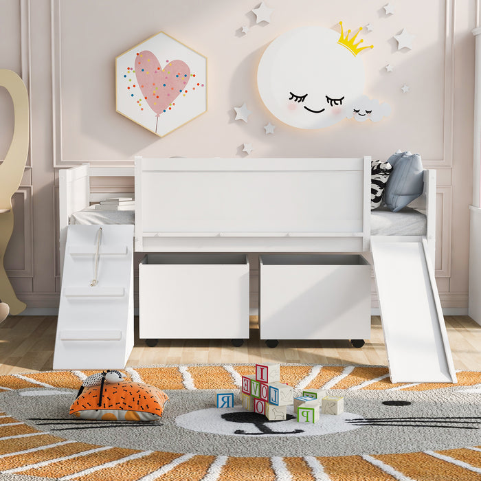 New Space Twin size Low Loft Bed Wooden Bed with Two Storage Boxes