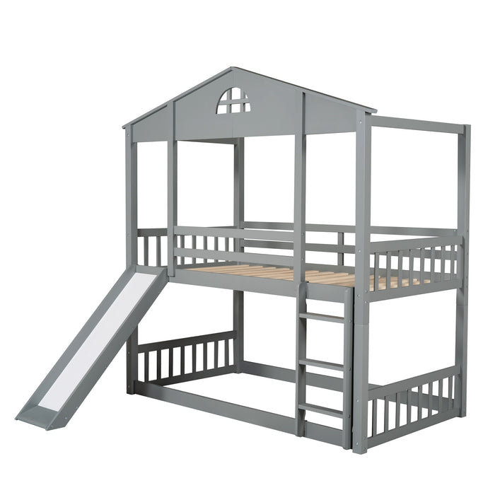 MyRoom Twin Over Twin House Bunk Bed With Convertible Slide And Ladder