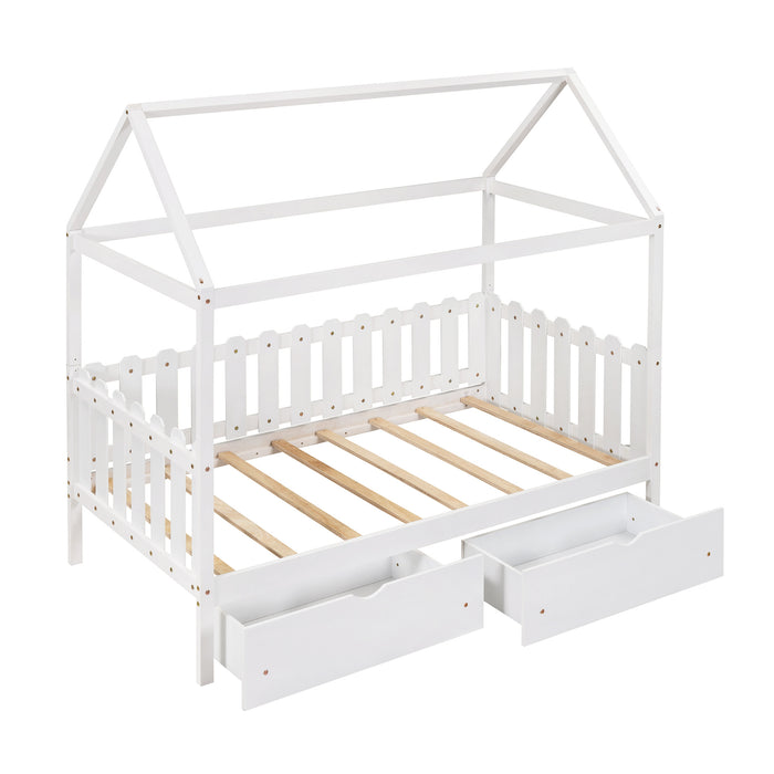 Twin Size House Bed with drawers, Fence-shaped Guardrail, Gray