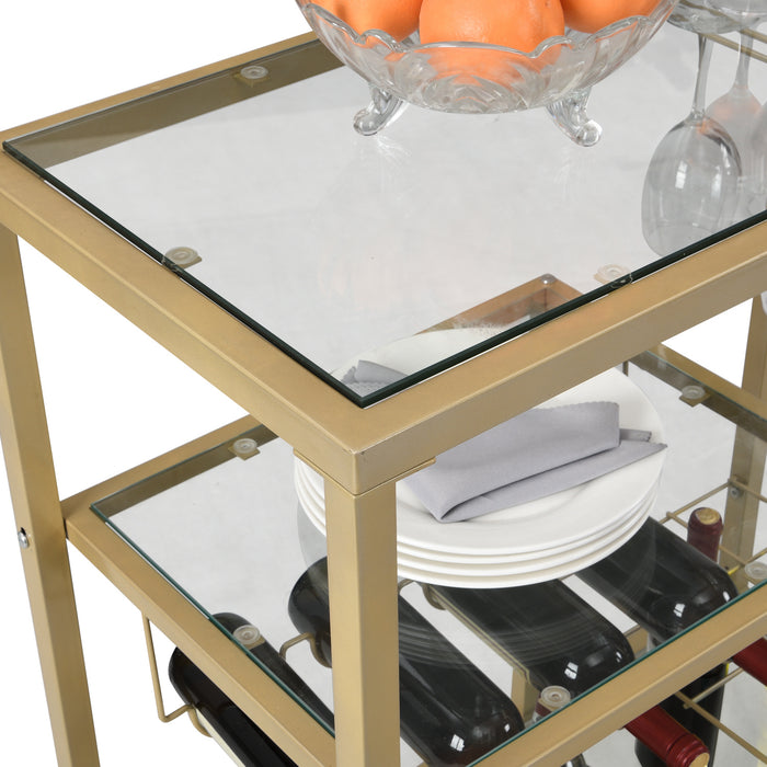 Golden Bar Serving Cart with Wine Rack and Glass Holder, 3-tier Shelves, Metal Frame and Temper Glass