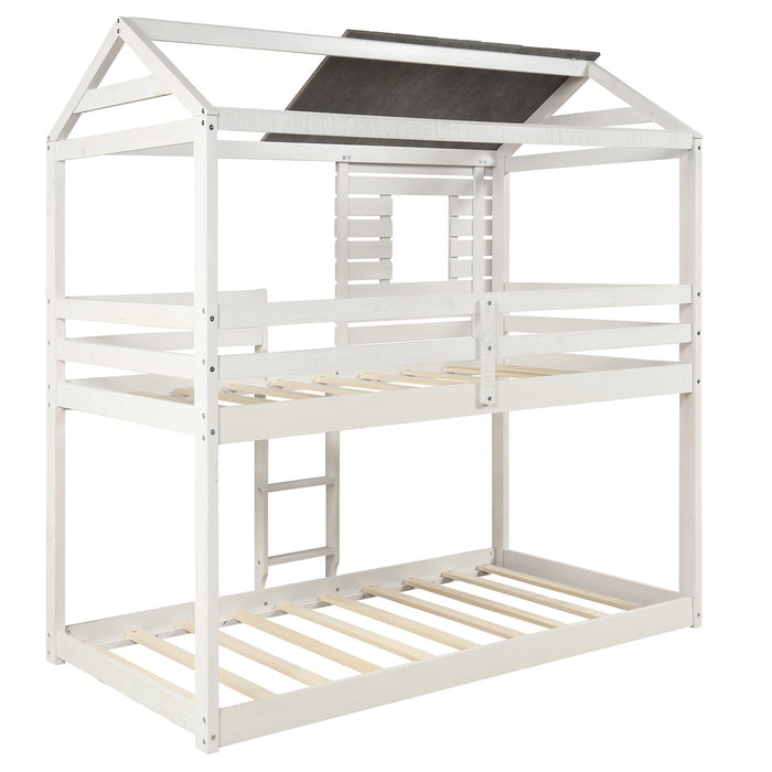 Twin Over Twin Bunk Bed Wood Loft Bed with Roof, Window, Guardrail, Ladder