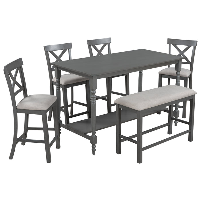 6-Pieces Counter Height Dining Table Set Table with Shelf 4 Chairs and Bench for Dining Room