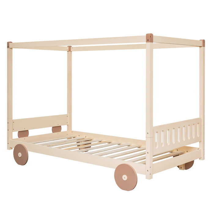 New Space Natural Twin Size Canopy Car-Shaped Platform Bed