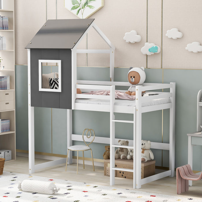 MyRoom Twin Size Loft Bed with Roof, House Bed, Gray and White