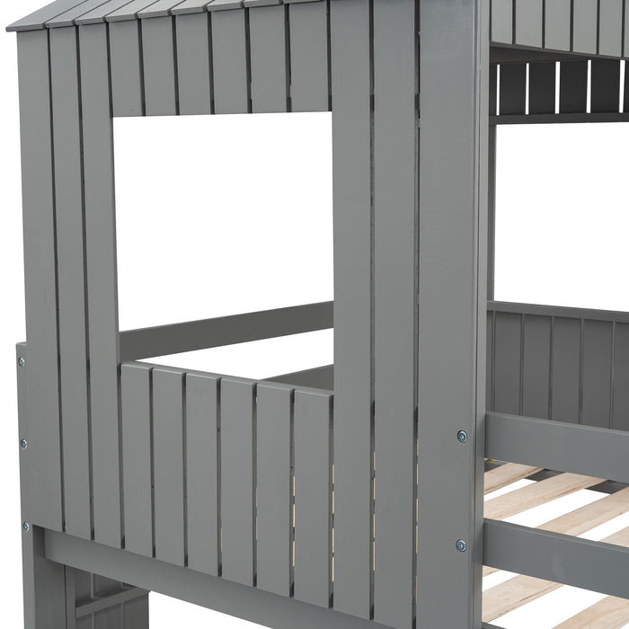 New Space Wooden Twin Over Full Bunk Bed, Loft Bed with Playhouse