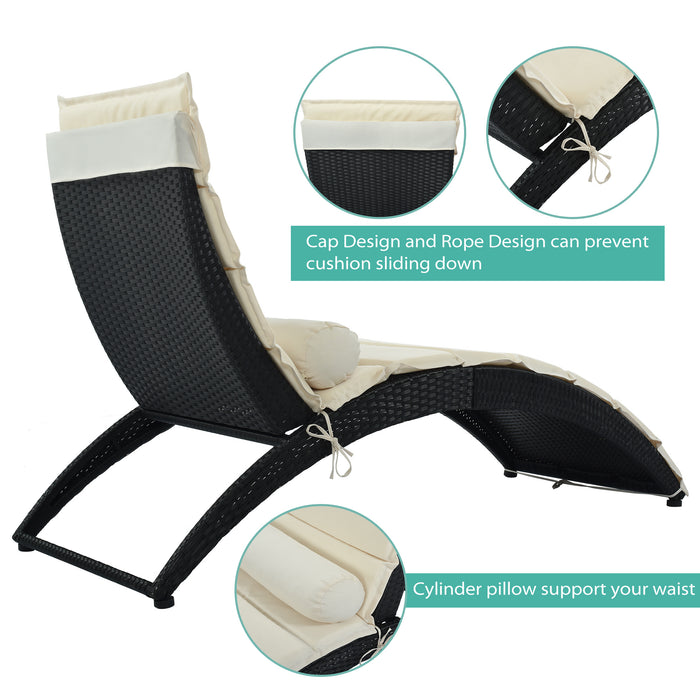 Patio Wicker Sun Lounger, PE Rattan Foldable Chaise Lounger with Removable Cushion and Bolster Pillow, Black Wicker and Beige Cushion