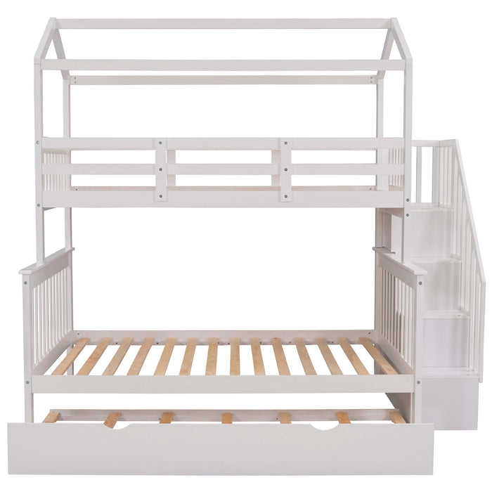 Twin over Full House Bunk Bed with Trundle and Staircase,the bed can be Separated into Three Separate Platform Beds