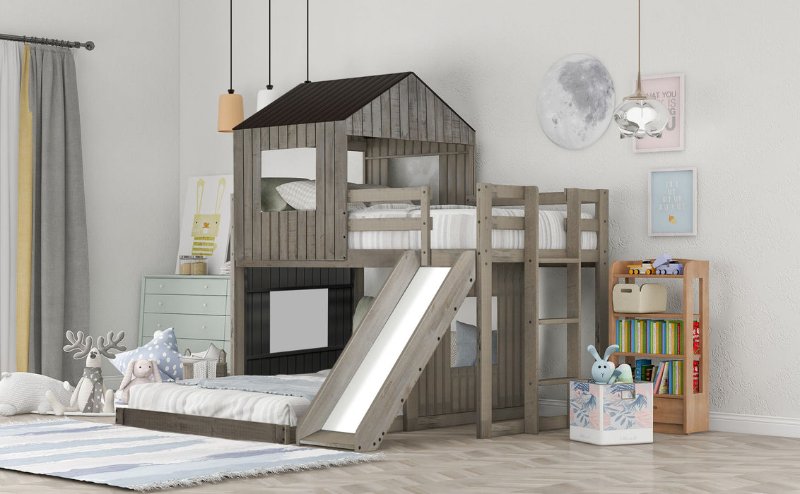 New Space Wooden Twin Over Full Bunk Bed, Loft Bed with Playhouse