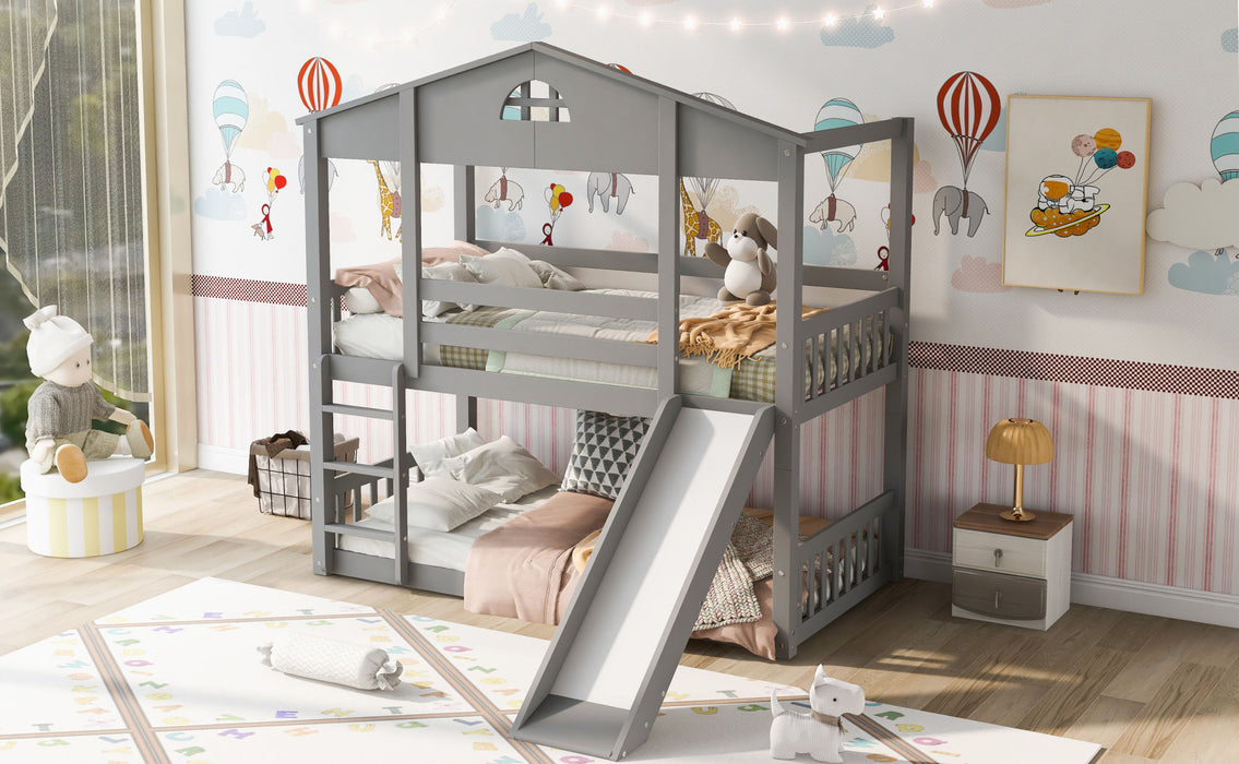 MyRoom Twin Over Twin House Bunk Bed With Convertible Slide And Ladder