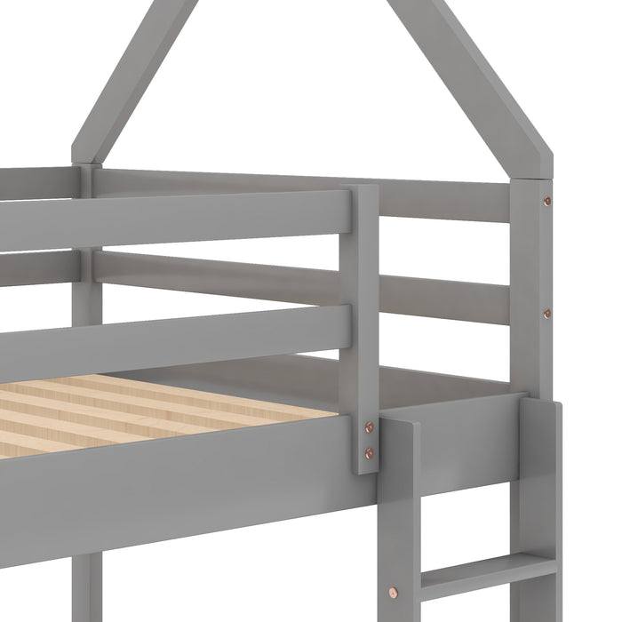 Twin over Twin Low Bunk Bed, House Bed with Ladder