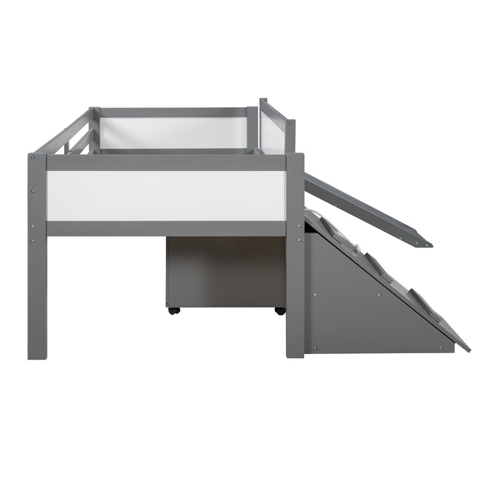 New Space Twin size Low Loft Bed Wooden Bed with Two Storage Boxes