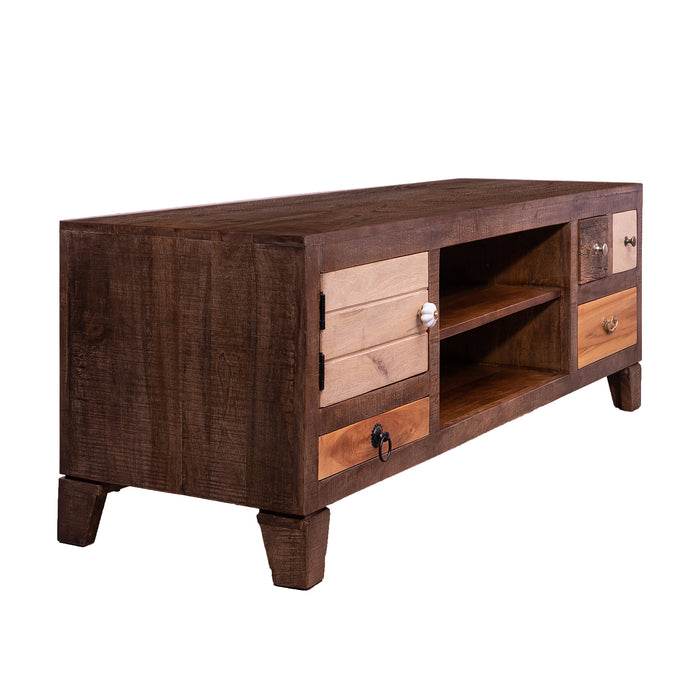 DunaWest 57 Inch 4 Drawer Media Console Cabinet with 1 Door and 2 Open Compartments, Brown