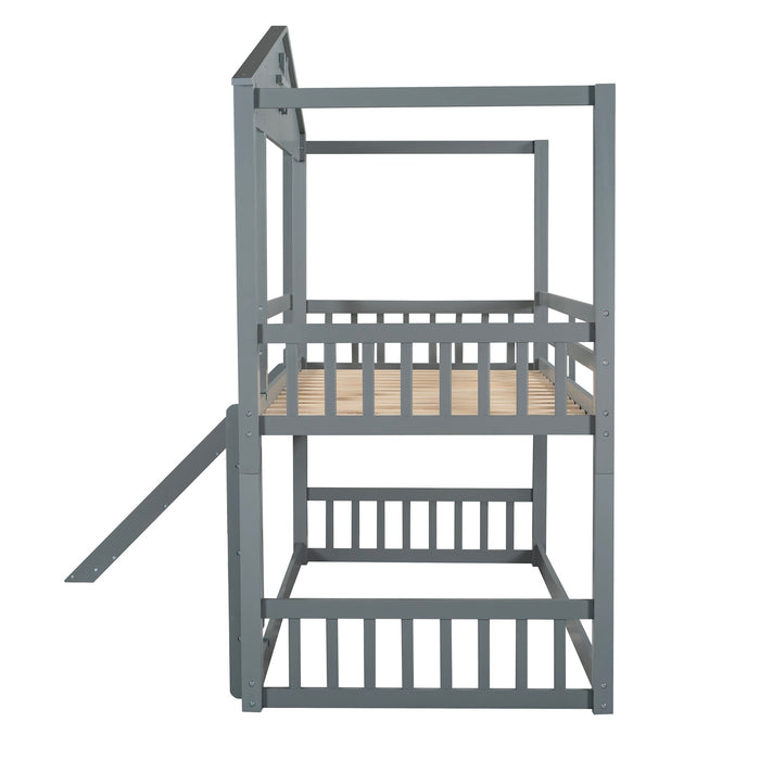 MyRoom Twin Over Twin House Bunk Bed With Convertible Slide And Ladder