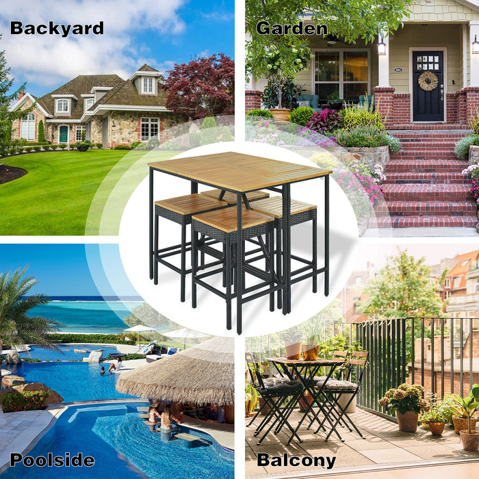 5-Piece Outdoor Patio Wicker Bar Set, Garden PE Rattan Wicker Dining Table, Square Stool Set, Foldable Tabletop, Acacia Wood Tabletop, High-Dining Bistro Set with 4 Stools And 1 Wood Table, Brown