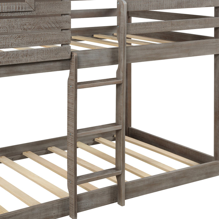 Twin Over Twin Bunk Bed Wood Loft Bed with Roof, Window, Guardrail, Ladder