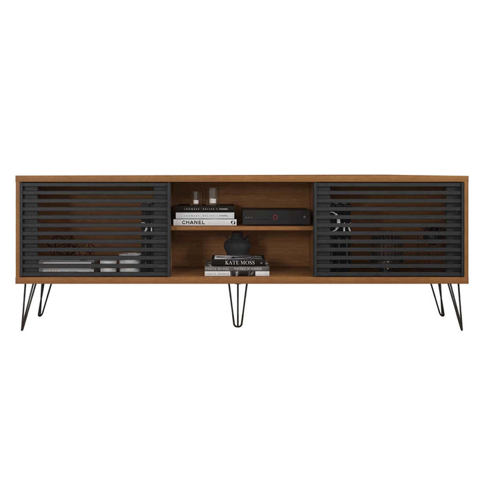 DunaWest Arthur Wooden TV Stand with 2 Slatted Sliding Doors, Walnut Brown and Black