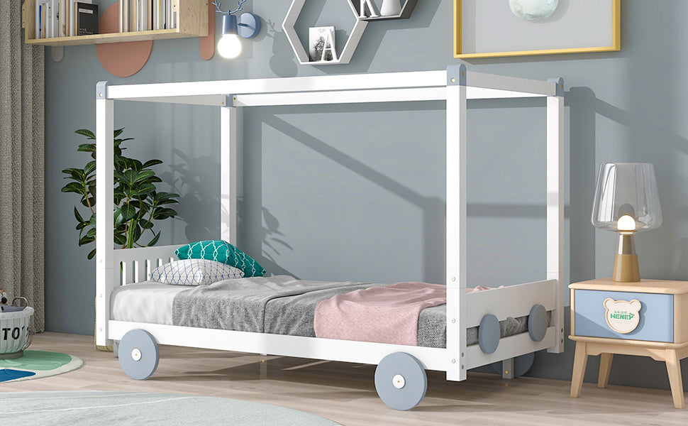 New Space Natural Twin Size Canopy Car-Shaped Platform Bed