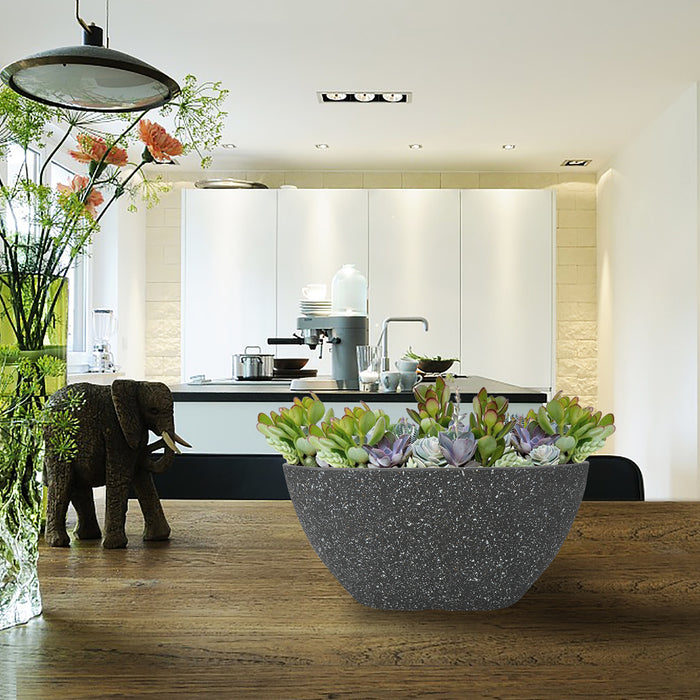 2 Pcs 14" Oval Plant Pots, Flower Pots with Drainage Holes, Plastic Planter with Marble Pattern for Home Garden, Black