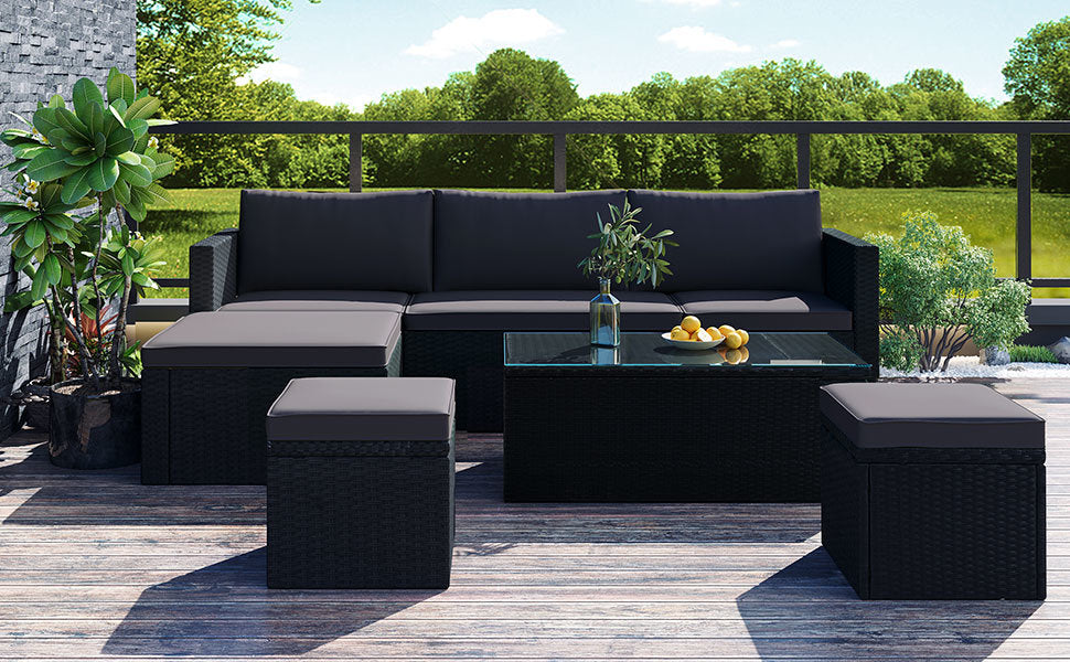 Large Outdoor Wicker Sofa Set, PE Rattan, Movable Cushion, Sectional Lounger Sofa, For Backyard, Porch, Pool, Beige