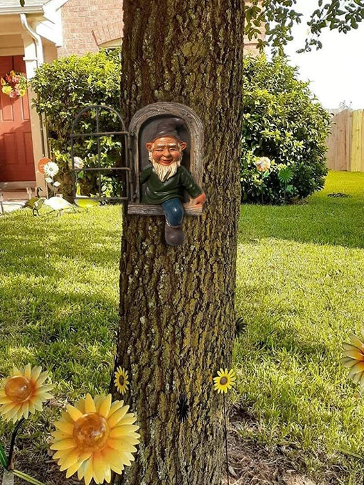 Elf Out The Door Tree Hugger Garden Gnome Statue