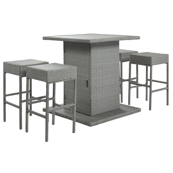 Patio 5-Piece Rattan Dining Table Set, PE Wicker Square Kitchen Table Set with Storage Shelf and 4 Padded Stools for Poolside, Garden, Gray Wicker+Dark Gray Cushion