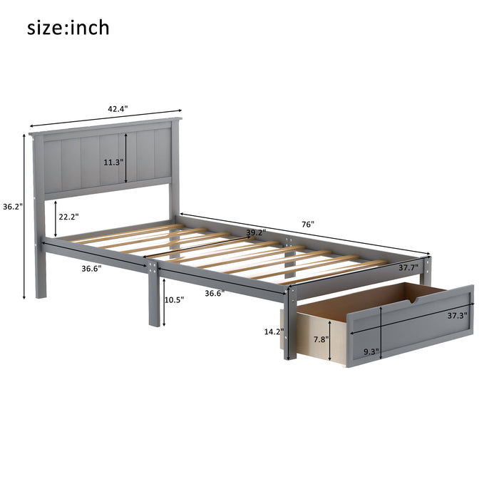 Twin Size Platform Bed with Under-bed Drawer, Gray RT