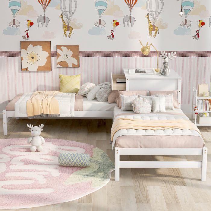 Grenco Twin Size L-Shaped Platform Beds with Drawers